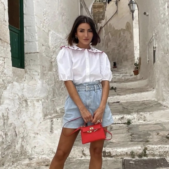 ZARA RED & WHITE EMBROIDERY PETER-PAN COLLAR POPLIN BLOUSE S,M NWT Puff sleeves - Picture 2 of 4